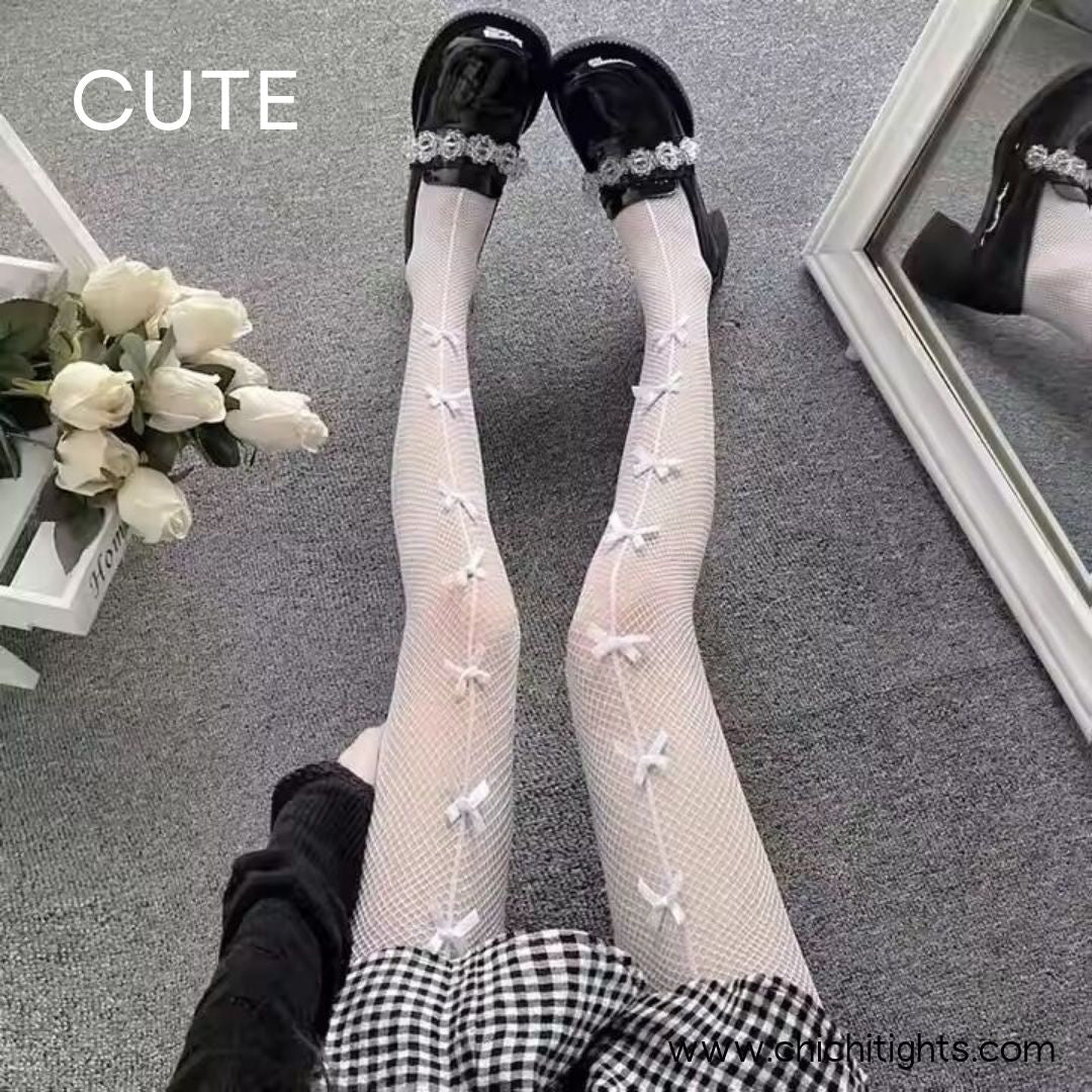 White Fishnet Tights with Bows – One Size
