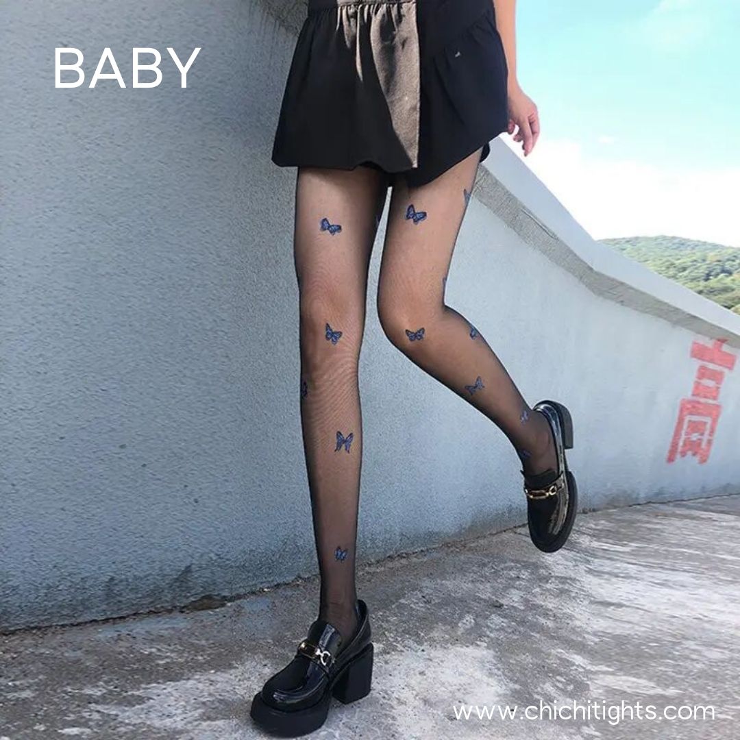 Nude Sheer Tights with Blue Butterfly Print – One Size
